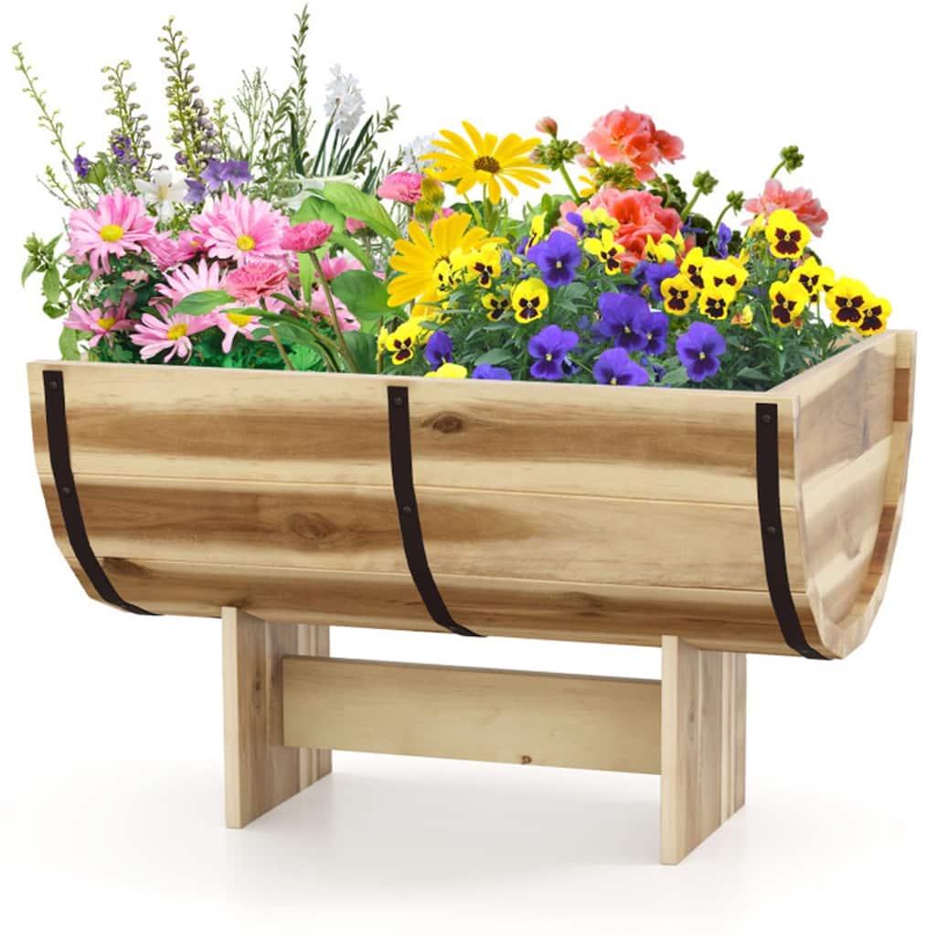 Outdoor Wooden Planter Solid Acacia Wood Half-Barrel Planter Box With Legs - Natural - 18" x 12" x 11.5"