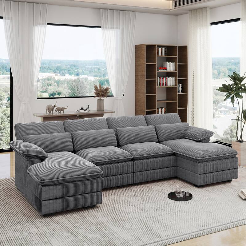 111.8" U-Shaped Cloud Sectional, 4-Seater Corduroy Upholstered Sectional with Recliner and Cushions