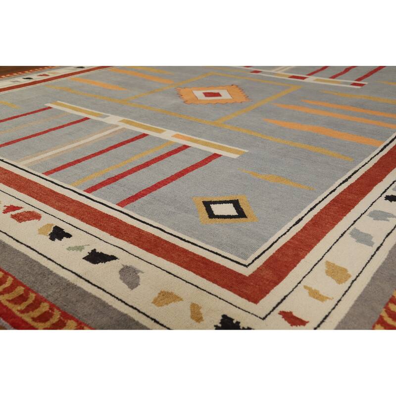Hand Knotted Oriental 100% Wool Carpet Modern Geometric Greys & Charcoal Gabbeh Area Rug - 9' 11'' X 8' 1''