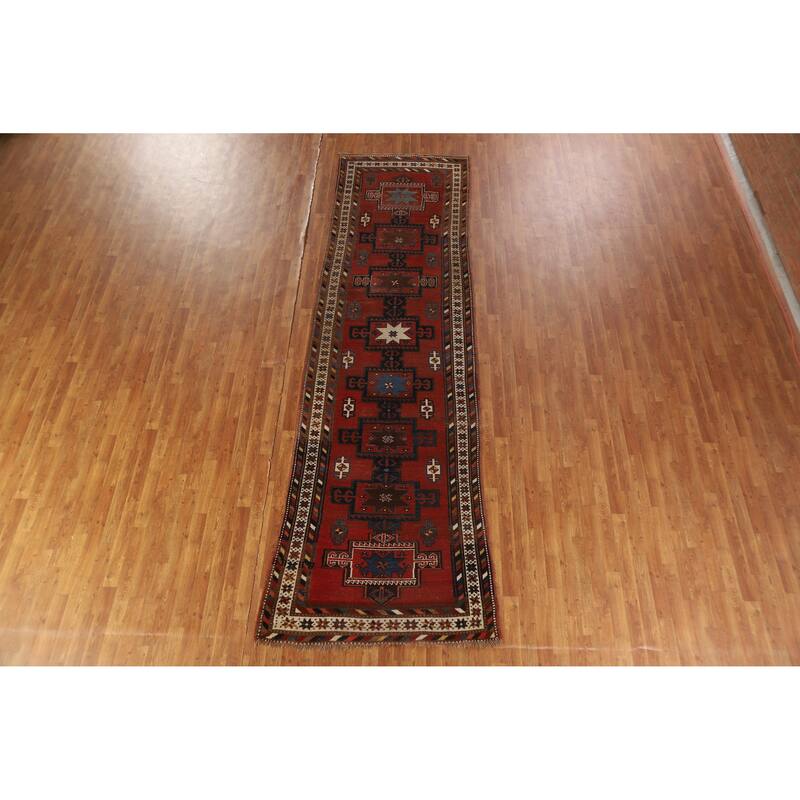 Hand Knotted Oriental 100% Wool Carpet Traditional Tribal Red Kazak Runner Rug - 13' 3'' X 3' 10''