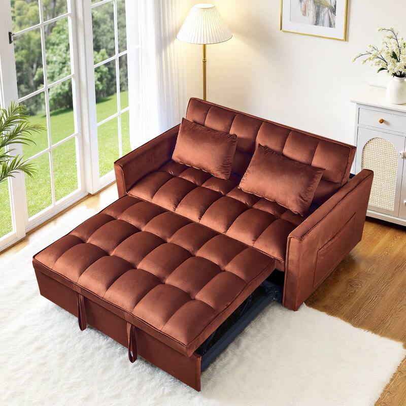 3-in-1 Convertible Sleeper Loveseat Pull Out Twin Size Suede Sofa Bed with 2 Pillows & Pocket - Camel