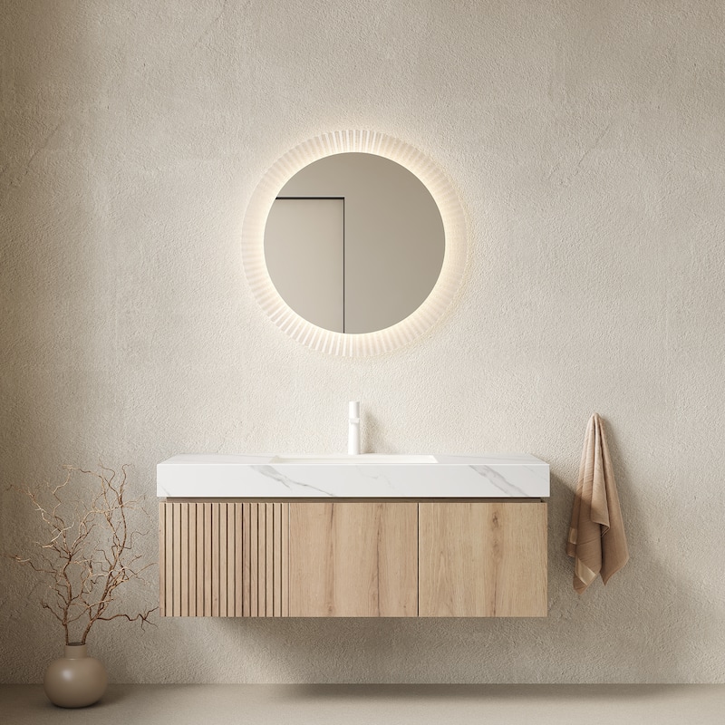 Floating Bathroom Vanity with Sintered Stone Top and Undermount Ceramic Basin - 47.64'' x 18.9'' x 17.72'' - Carrara White and White Oak