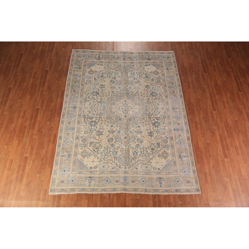 Tabriz Persian Area Rug Hand-Knotted Oriental Beige Wool Carpet - 8'0"x 10'6"