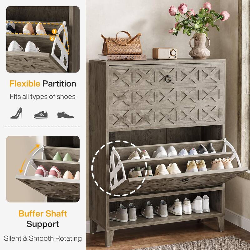 Shoe Cabinet with 2 Flip Drawers for Entryway with Wooden Legs Adjustable Shelves