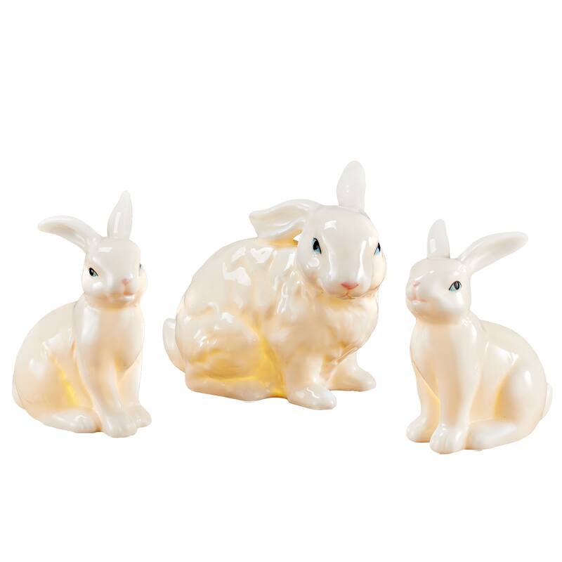 LED Lighted Porcelain Easter Bunnies - Set of 3 - 6.31 x 5.31 x 4