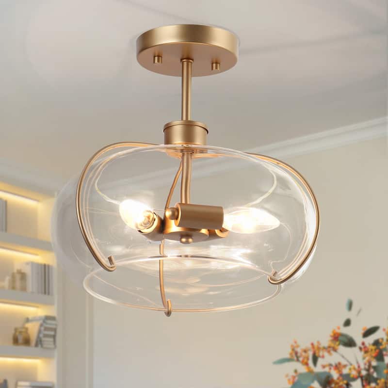 Modern Gold 3-Light Semi Flush Mount Ceiling Light with Clear Glass - Dark Gold - Dia.12"xH11.5"