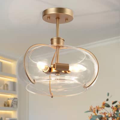 Modern Gold 3-Light Semi Flush Mount Ceiling Light with Clear Glass - Dark Gold - Dia.12"xH11.5"