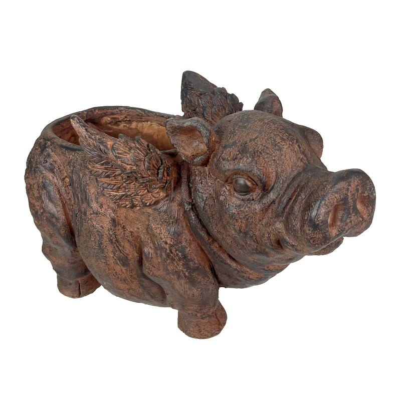 Flying Pig Planter 17" Brown, With Drain Hole, Rustic Indoor Outdoor - 10.75 X 17 X 8.5 inches