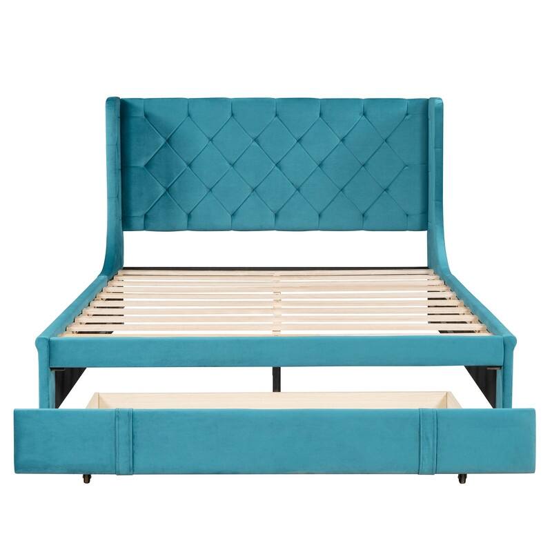 Queen Bed Frame with Storage Drawer, Velvet Upholstered Storage Bed with Button Tufted Headboard