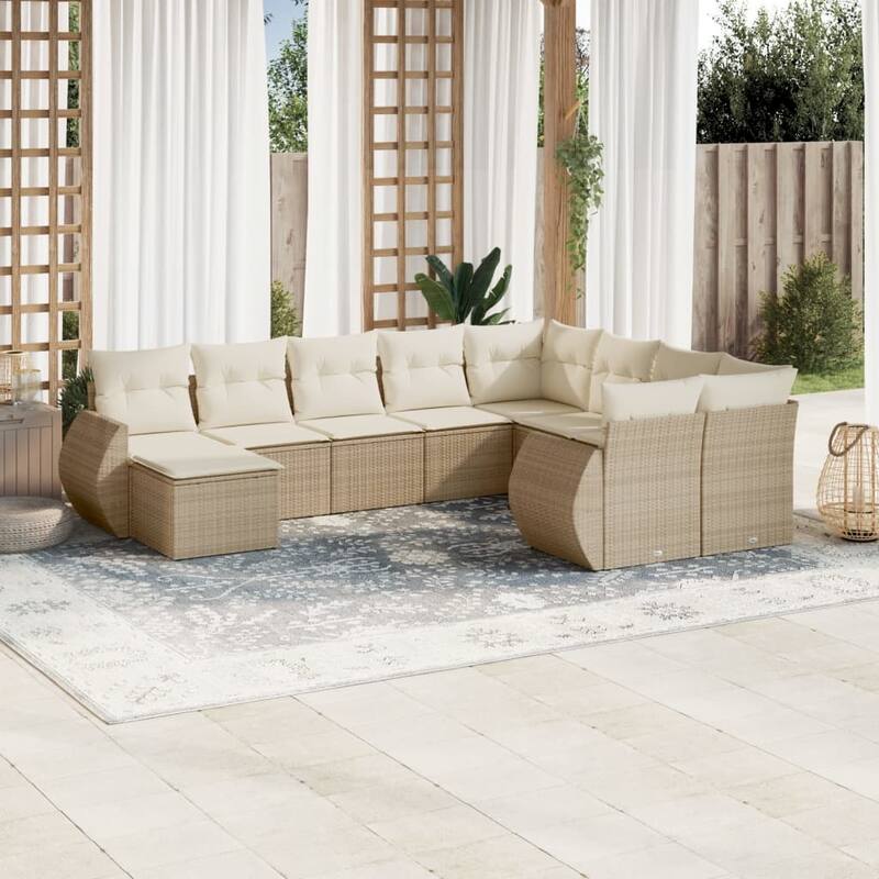 vidaXL Patio Sofa Set with Cushions Outdoor Furniture 10 Piece Poly Rattan - 21.7 x 21.7 x 14.6 - Beige and cream