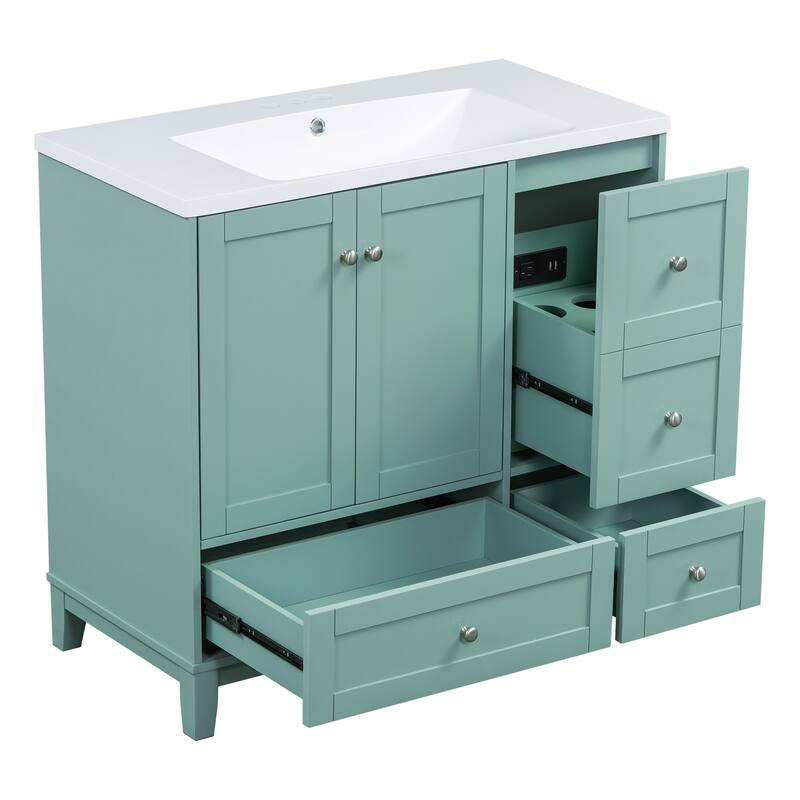 36 Inch Modern Green Bathroom Vanity with USB Charging, Resin Sink, 2 Doors and 3 Drawers