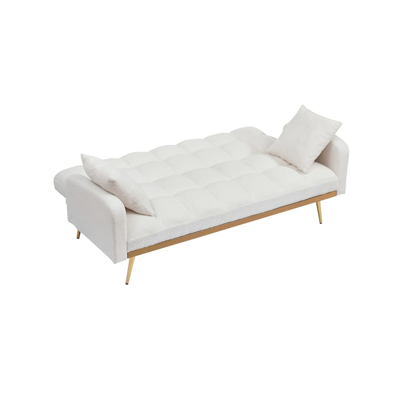 Futon Sleeper Sofa Bed Teddy Fabric Lounge Couch with 3 Speed Adjustable Back, Removable Armrest and Pillows for Small Space