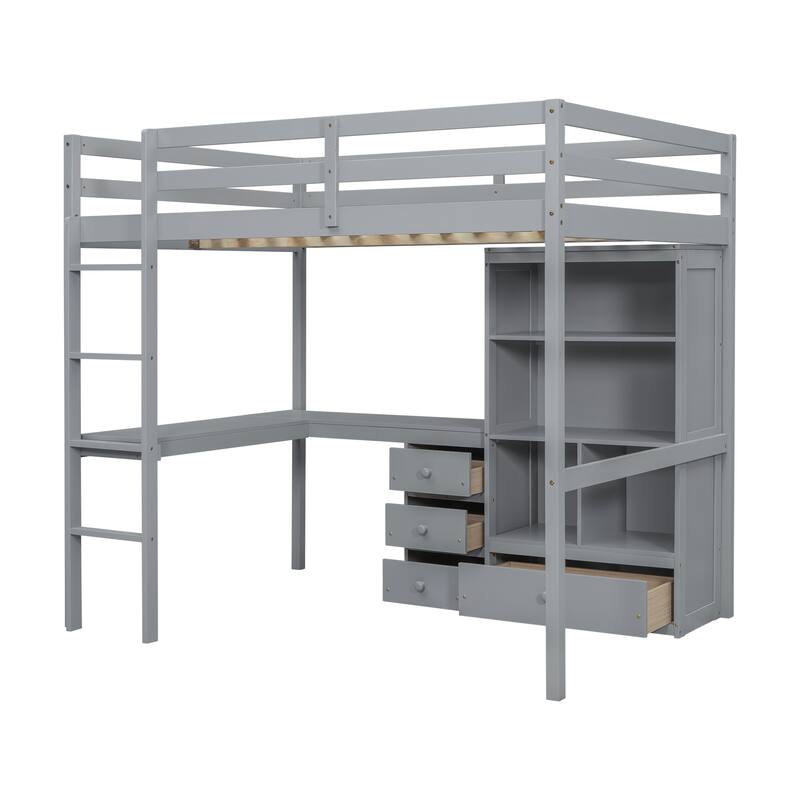 Full Size Loft Wood Bed with Desk, Storage Shelves, Drawers, and Built-in Ladder, Grey
