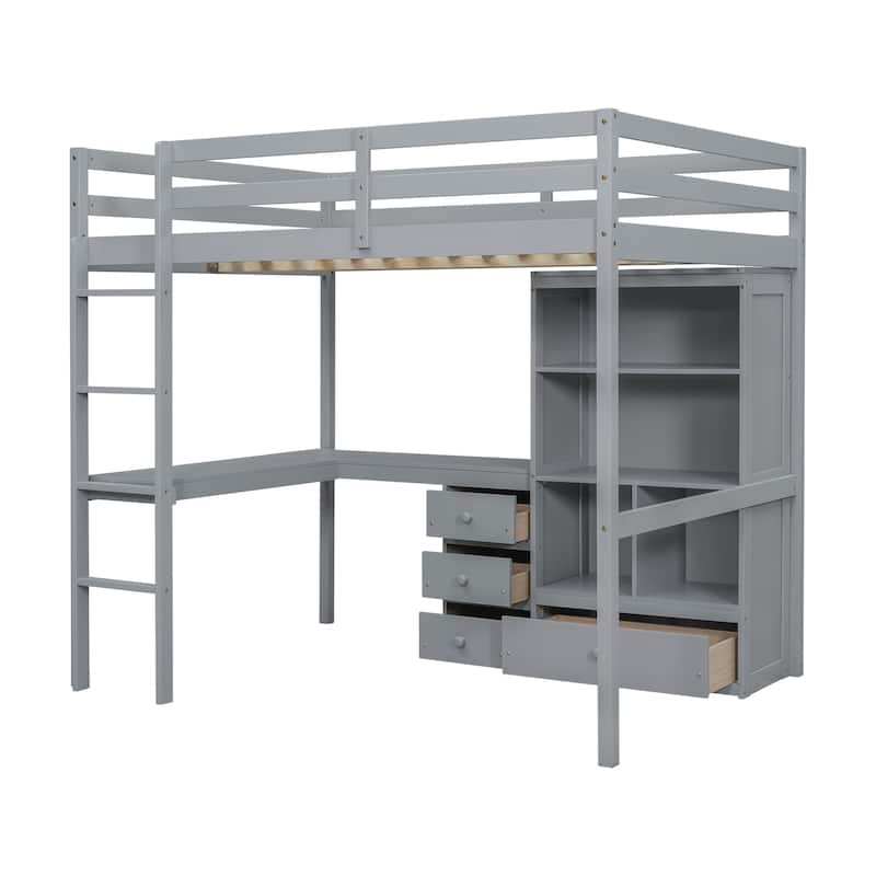 Grey Full Size Wood Loft Bed with Desk and Storage