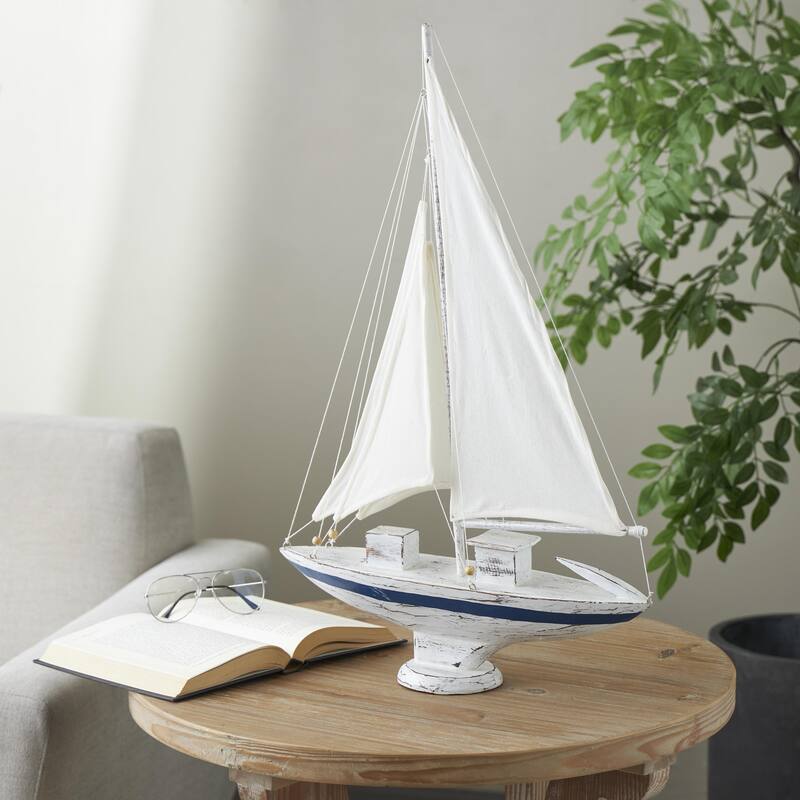 Wood Sail Boat Distressed Decorative Sculpture with Brown Beaded Accents - White - Roche River Decor