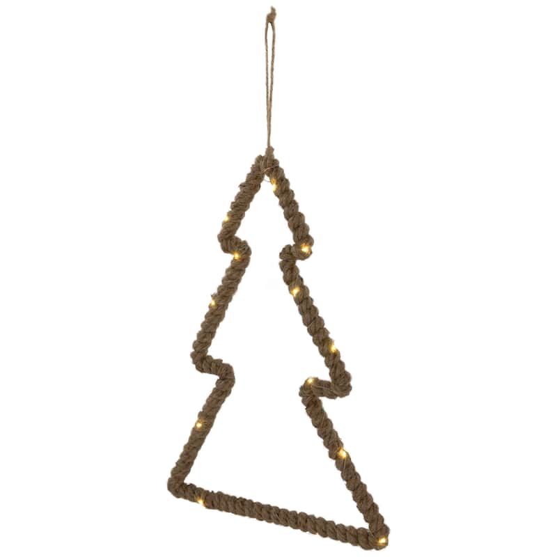 Lighted Jute Wrapped Pine Tree Silhouette Hanging Christmas Decoration - 14"