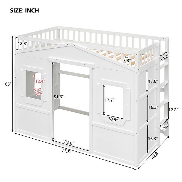 dimension image slide 1 of 4, Modern House Bed Twin Size Loft Bed Solid Pine Wood Bed Frame with Door, Windows, Ladder and Safety Guardrails