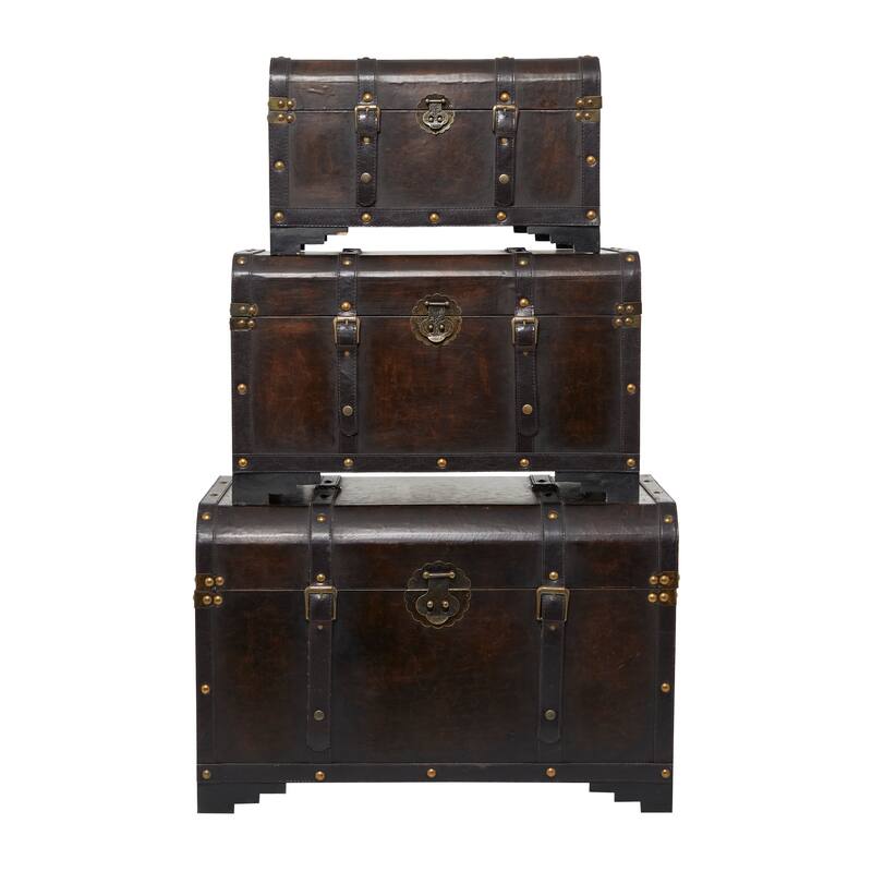 Brown Wooden Nesting Upholstered Decorative Trunk with Vintage Accents and Studs (Set of 3)