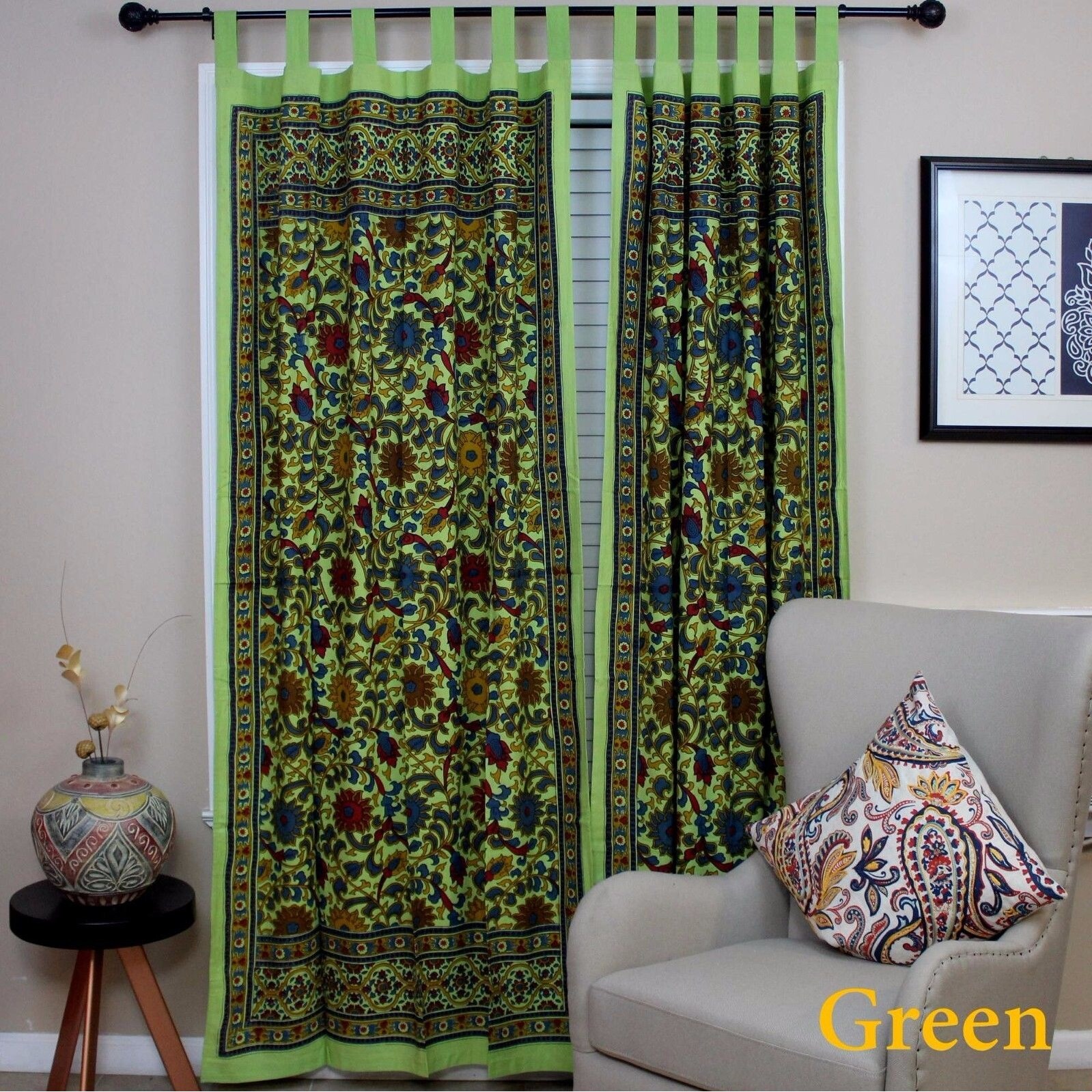 Handmade Cotton Sunflower Tab Top Curtain Drape Panel Yellow Black 44x88 Inches 