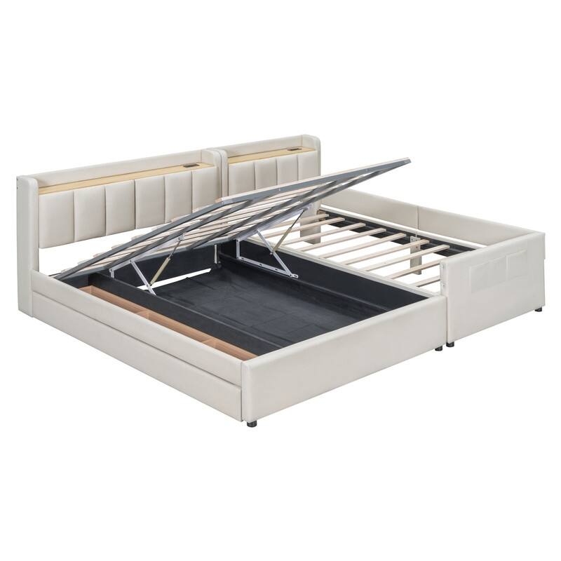Queen Size/Twin XL Size Upholstered Platform Bed Frame with Hydraulic Storage System, Drawer,Shelves and UPS Ports