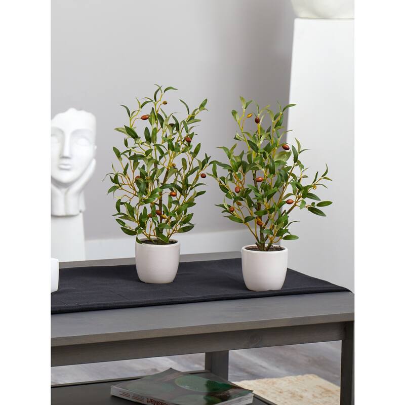 Olive Tree Set 18 Inch Silk Plants with Vase - Home Decor Indoor Artificial Tree (2 Pack) - 1.5ft.