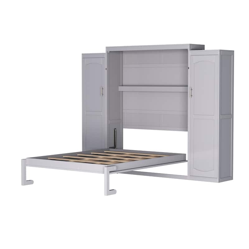 Full Size Wood Murphy Bed with 2 Wardrobe and Storage Shelf