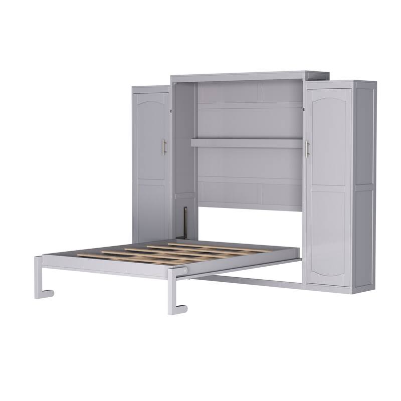 Multifunctional Foldable Platform Bedframe Full Size Murphy Bed with Two Wardrobe for Guest-Room
