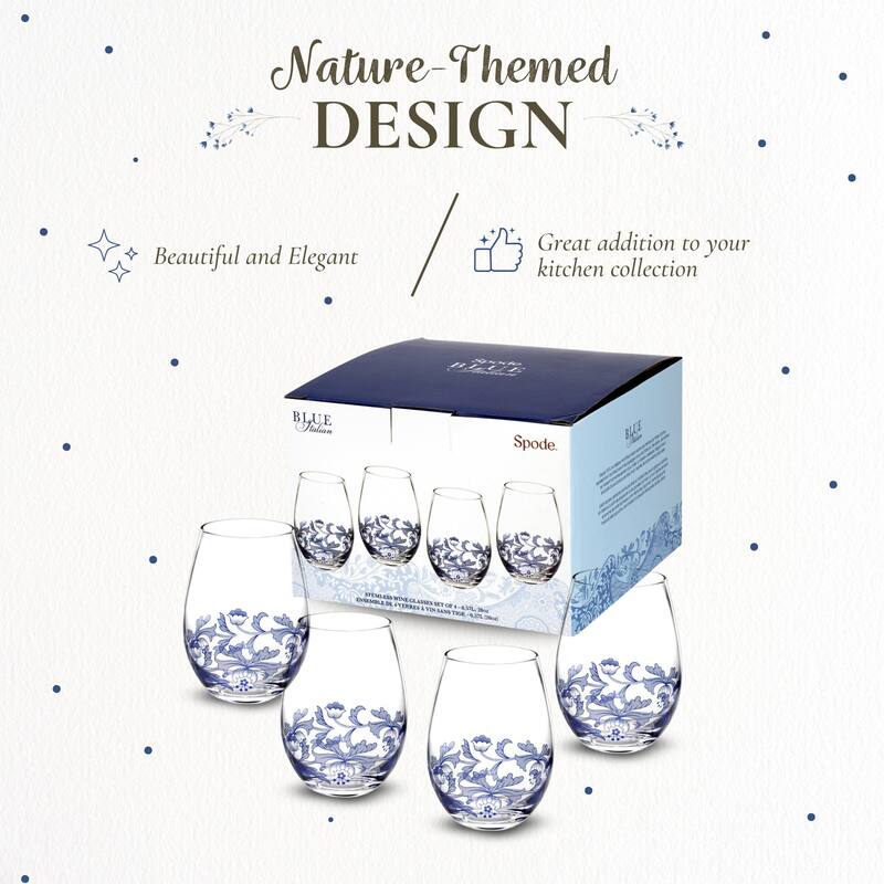 Spode Set of 4 Blue Italian Stemless Wine Glass - 19 oz.