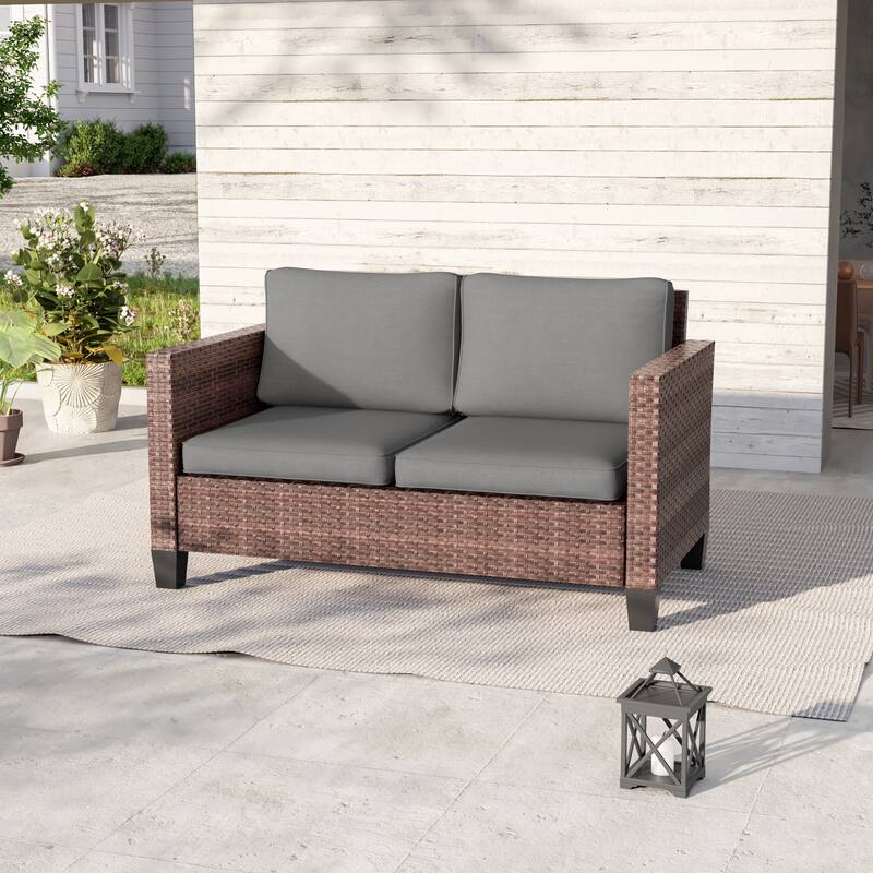 Livoosun Patio Loveseat Sofa Outdoor Wicker Couch, 2-Seater Furniture with High Back and Removable Cushions - Brown Wicker/Light Gray Cushion