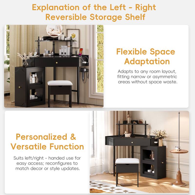 3 Drawer Vanity Desk with Glass Top Charging Station and Cushioned Stool