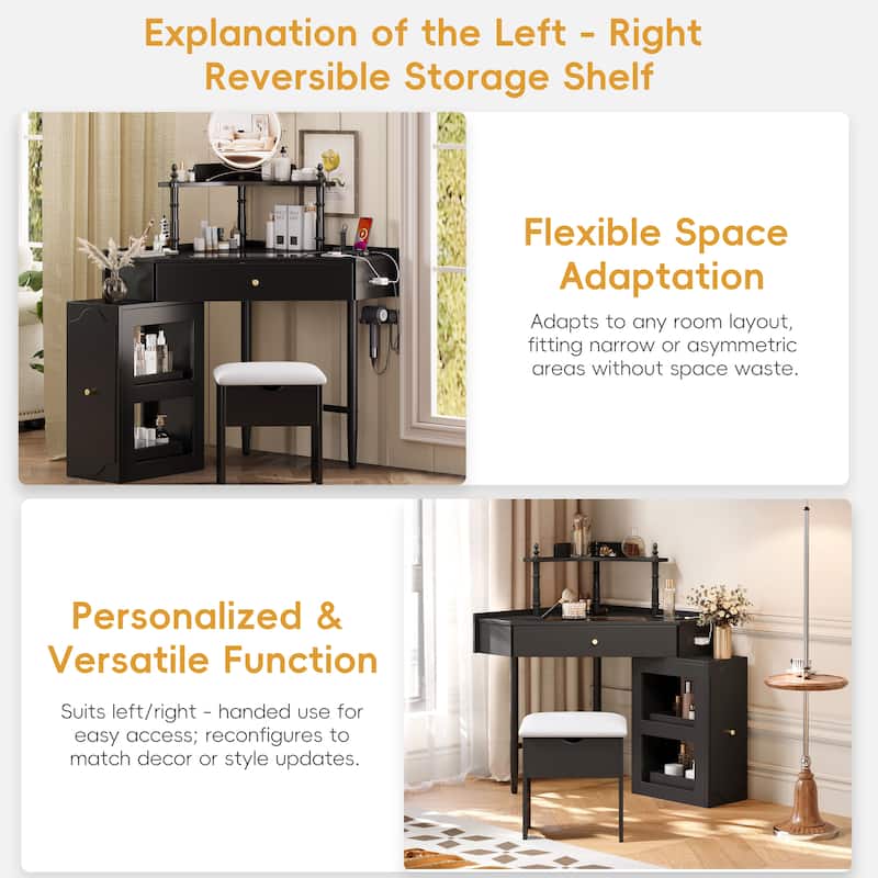 Modern Corner Makeup Vanity Desk with Stool, Charging Ports, Glass Tabletop, Removable Side Cabinet, Drawer & Storage Shelves