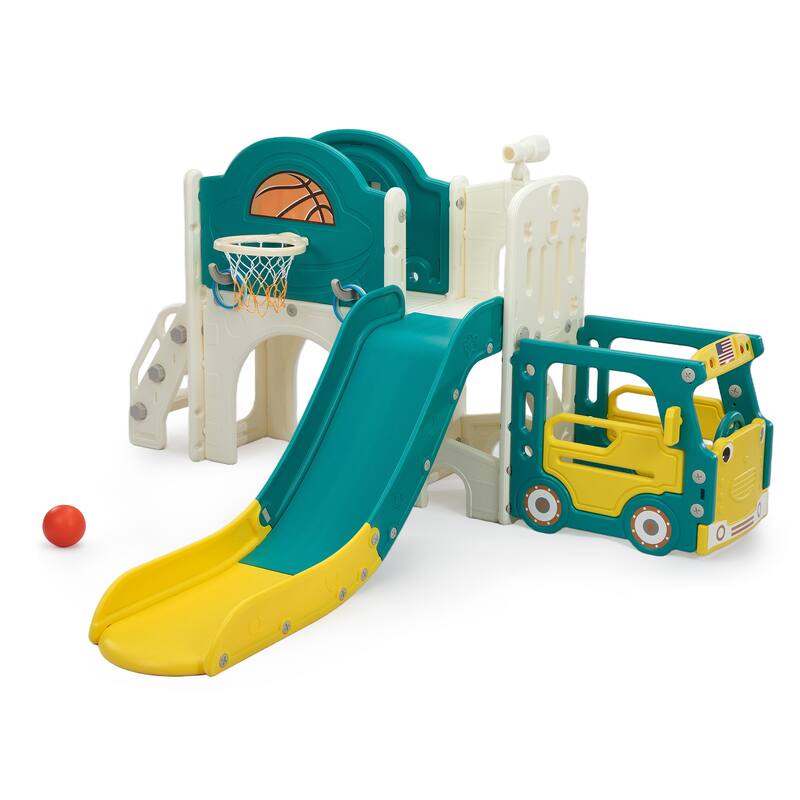Bus-Themed 9-in-1 Kids Slide & Climbing Playset,Freestanding Castle Playhouse