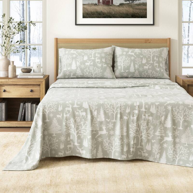 Linery & Co. Winter Turkish Cotton Double-Brushed Flannel Bed Sheet Set - California King - Enchanted Woods - Blue