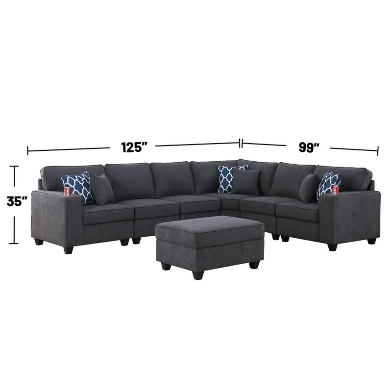 7 Piece Upholstered L-Shape Sectional Sofa with Ottoman in Stone Gray