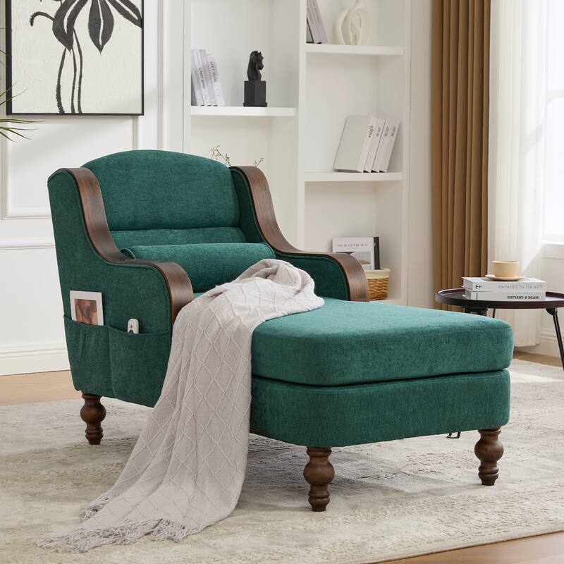 HOMEFUN Chenille Upholstered Wood Frame Oversized Chaise Lounge Single Sofa Bed with Side Pocket for Living Room,Bedroom - Emerald
