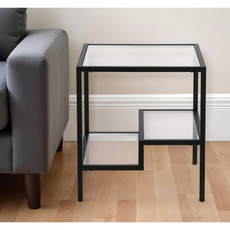 22" Glass and Steel Square End Table with Two Shelves - 22-inch H x 20-inch W x 20-inch D