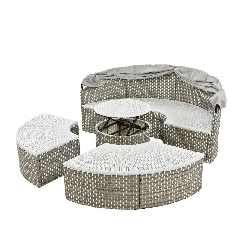 4-Pieces Outdoor Patio Rattan Round Daybed Sunbed with Retractable Canopy and Table