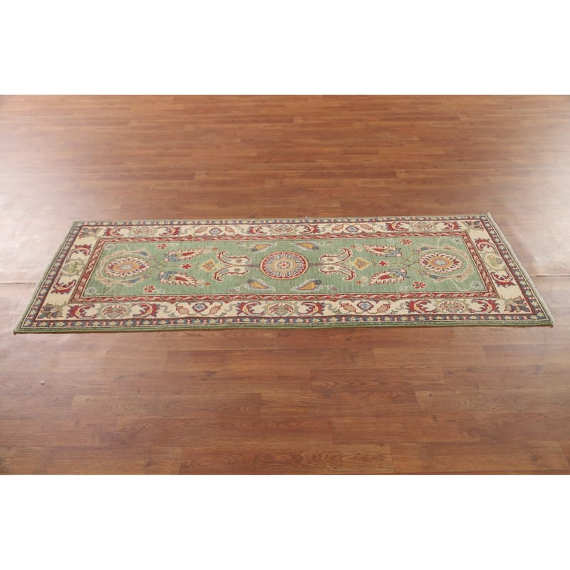 Floral Kazak Runner Rug Handmade Green Wool Carpet - 2'2" x 5'11"