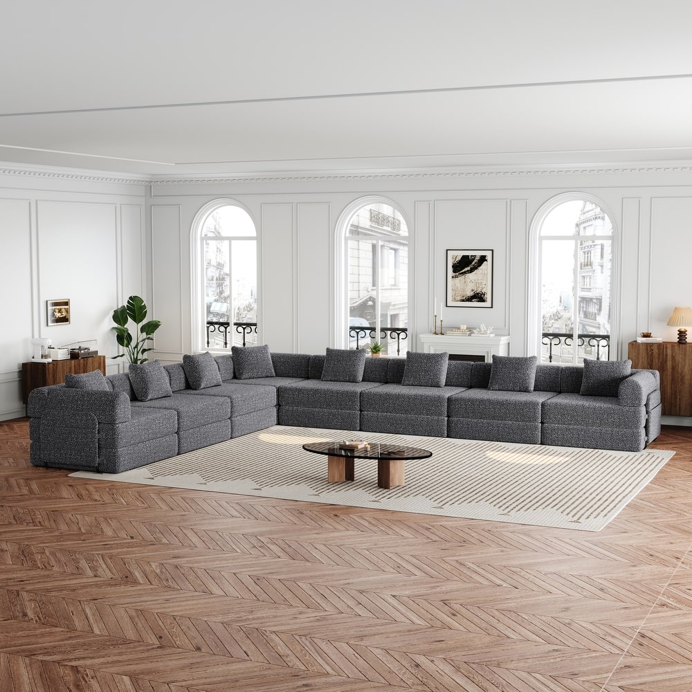 8 Seater Folding Couch Modular Chenille Sectional Sofa Freely Combined Sleeper Sofa Bed with Storage Pockets and Anti-slip Pads