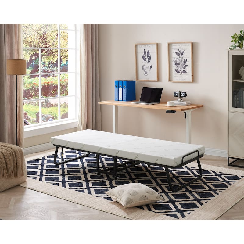 Franco Black Steel Folding Bed with Foam Mattress and Wheels - Twin