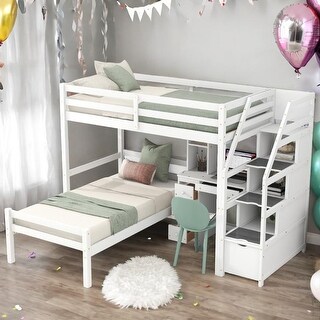 Twin over Twin Size Loft Bed with a Stand-alone Bed, Storage Staircase, Desk, Shelves and Drawers,Large Storage Space