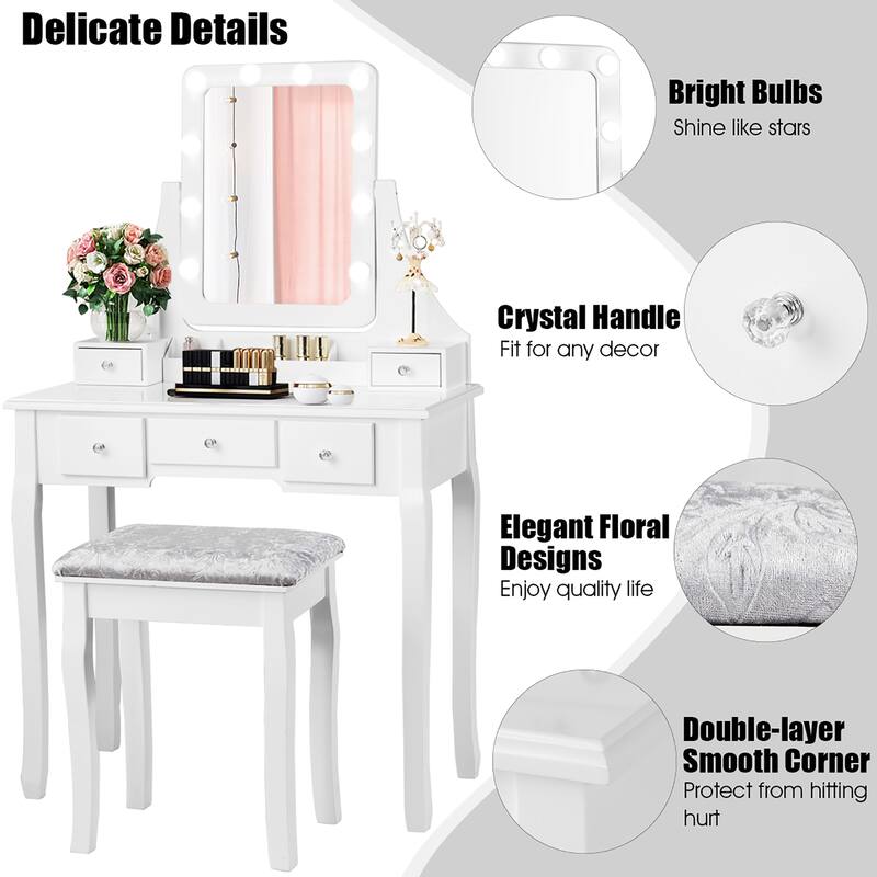 Costway Vanity Dressing Table Set w/ 10 Dimmable Bulbs Touch Switch