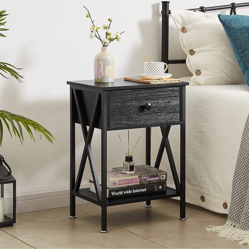 VECELO Modern Nightstand 1-Drawer with Storage Shelf, End Table/Side Table - Black