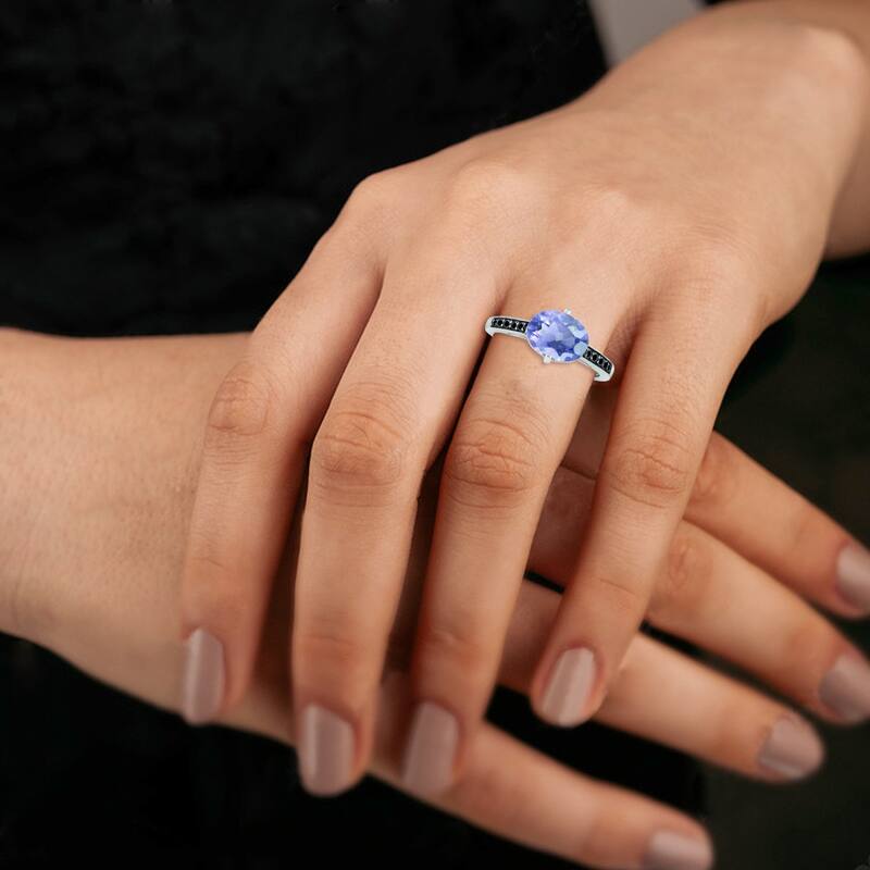 Marquee Jewels Tanzanite and Black Diamond Ring in 10K White Gold