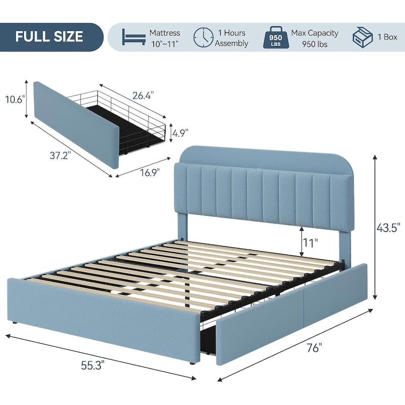Bed Frame with 2 Drawers, Boucle Upholstered