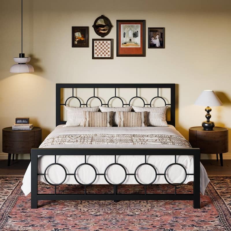 Art Deco Metal Platform Bed Frame with Openwork Headboard and Footboard Modern Iron Slat Support