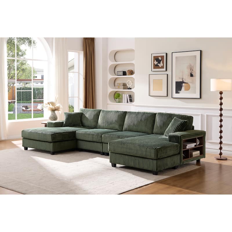 Modular Sectional Sofa with Dual Chaise Lounges, Corduroy Cloud Sofa with Armrest Storage Rack, Convertible 4-Seat Sleeper Sofa - Green