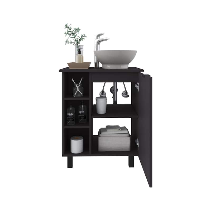 Compact bathroom vanity with open shelves
