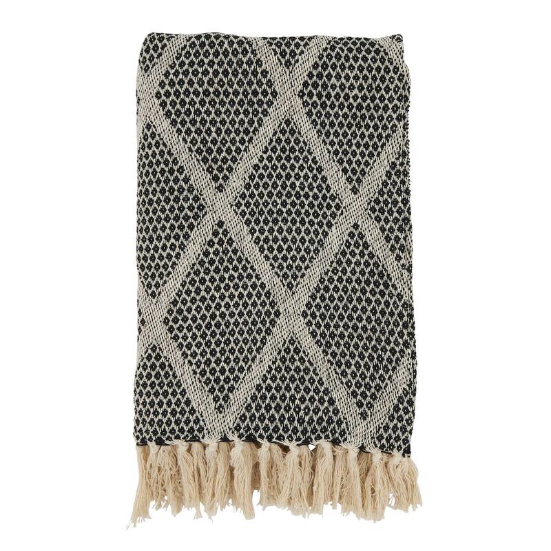 Diamond-Patterned Knit Fringed Throw - 50"x60" - Black/50"x60"