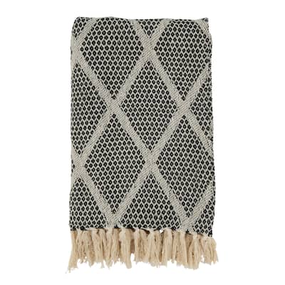 Diamond-Patterned Knit Fringed Throw